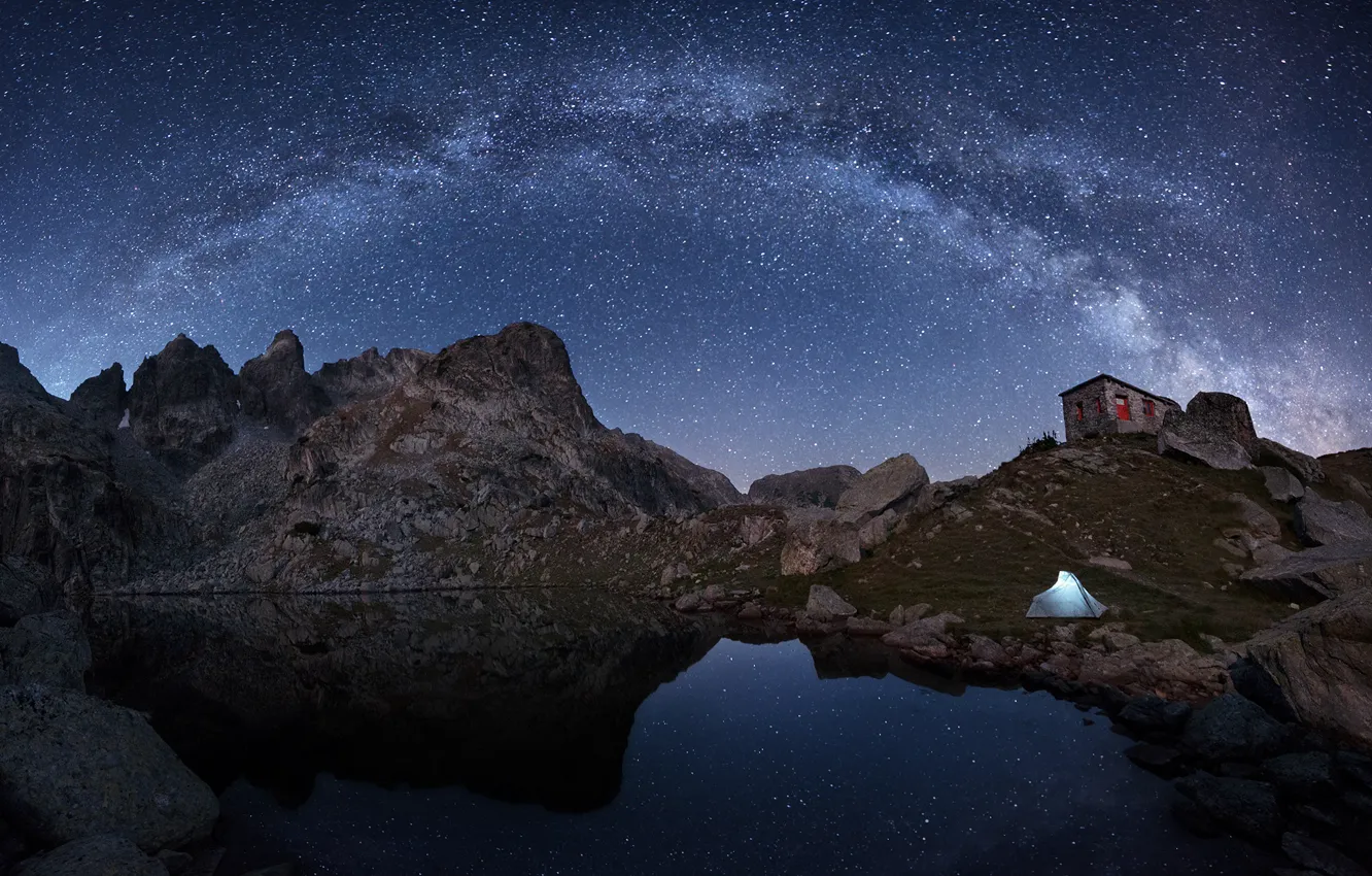 Photo wallpaper stars, pond, reflection, stones, mirror, the milky way, secrets