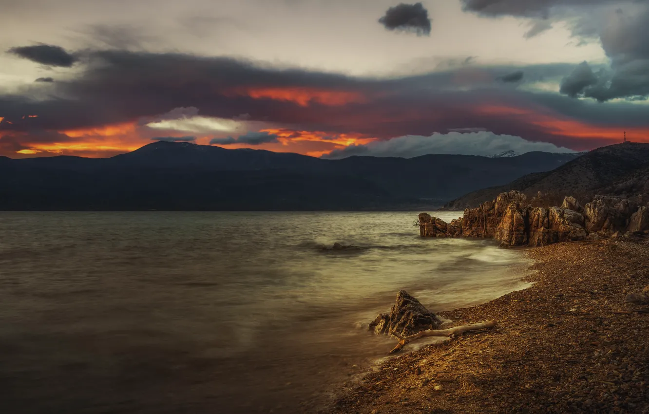 Photo wallpaper sea, clouds, sunset, mountains, rocks, shore