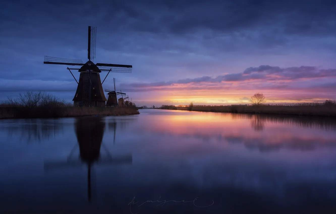 Photo wallpaper the sky, water, clouds, the evening, channel, Netherlands, windmills