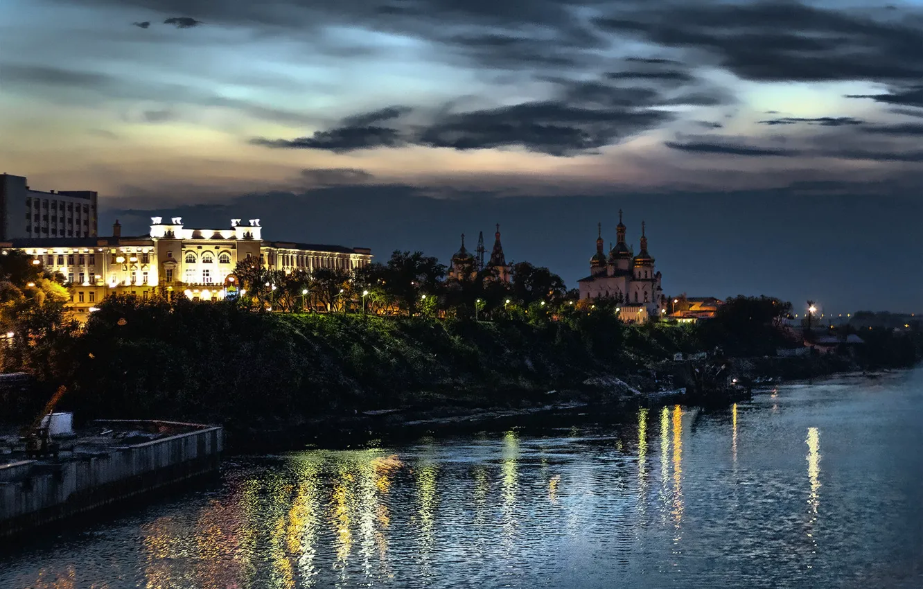 Photo wallpaper sunset, night, the city, lights, river, promenade, Tyumen
