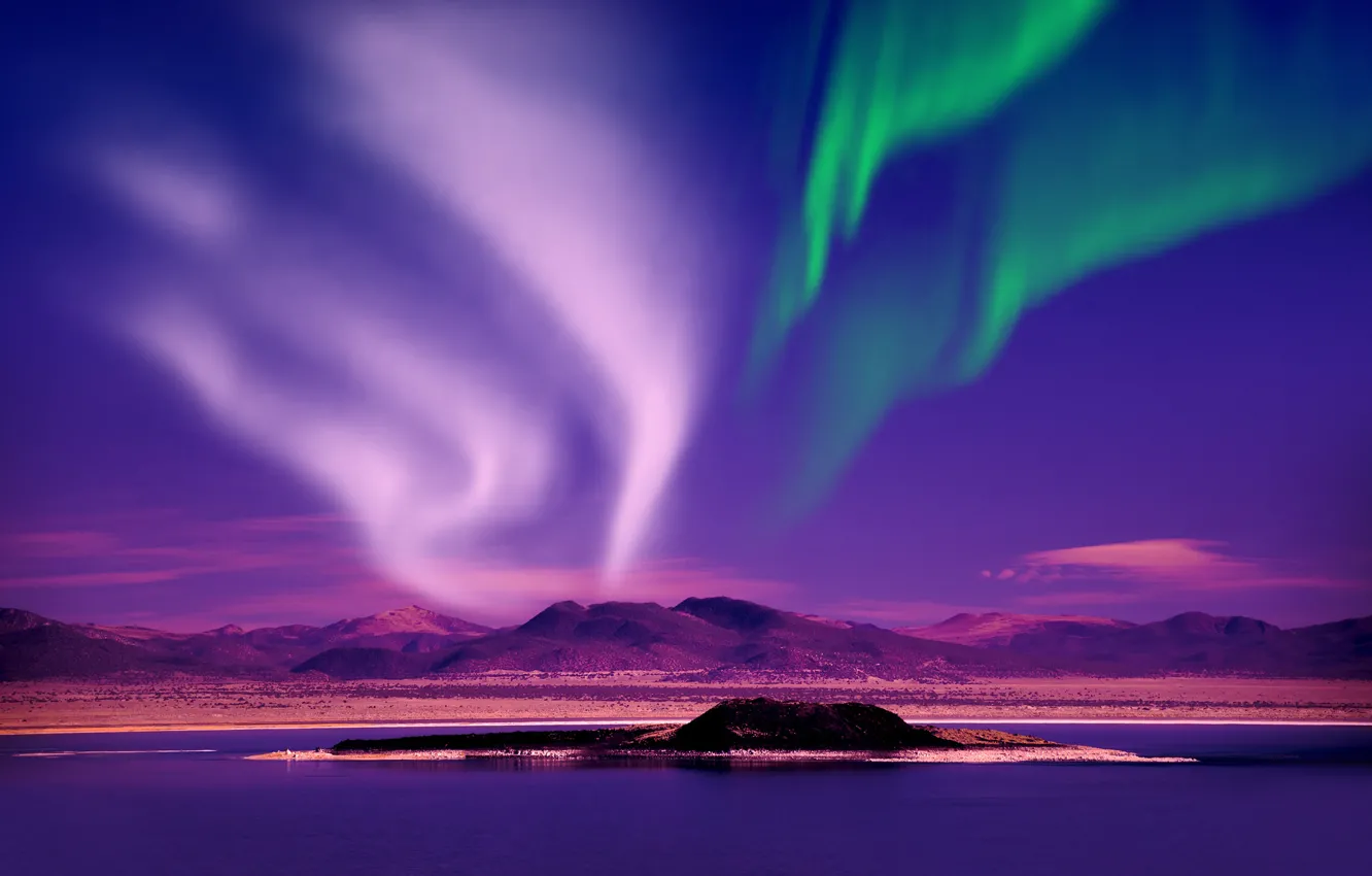 Photo wallpaper the sky, night, nature, river, photo, hills, Norway, polar lights