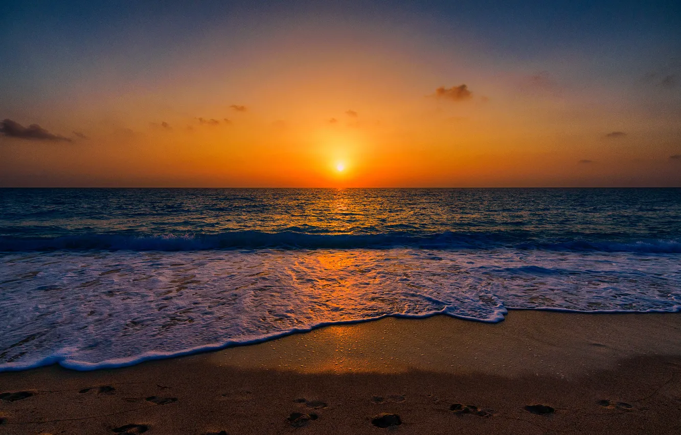 Photo wallpaper Sunset, The sun, The sky, Water, Sand, Clouds, The ocean, Beach