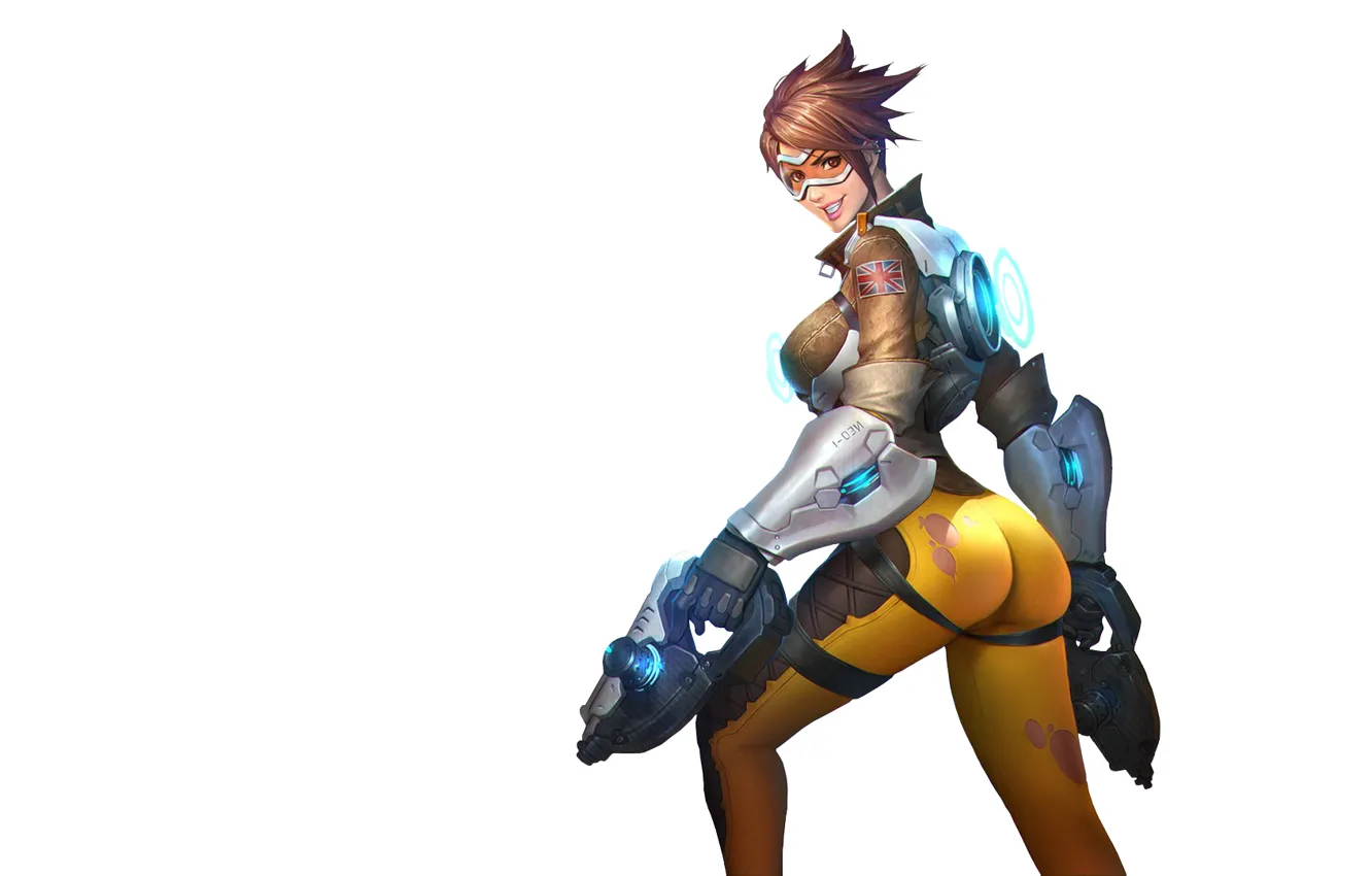 Photo wallpaper girl, game, ass, Guns, chest, straps, tight, Overwatch