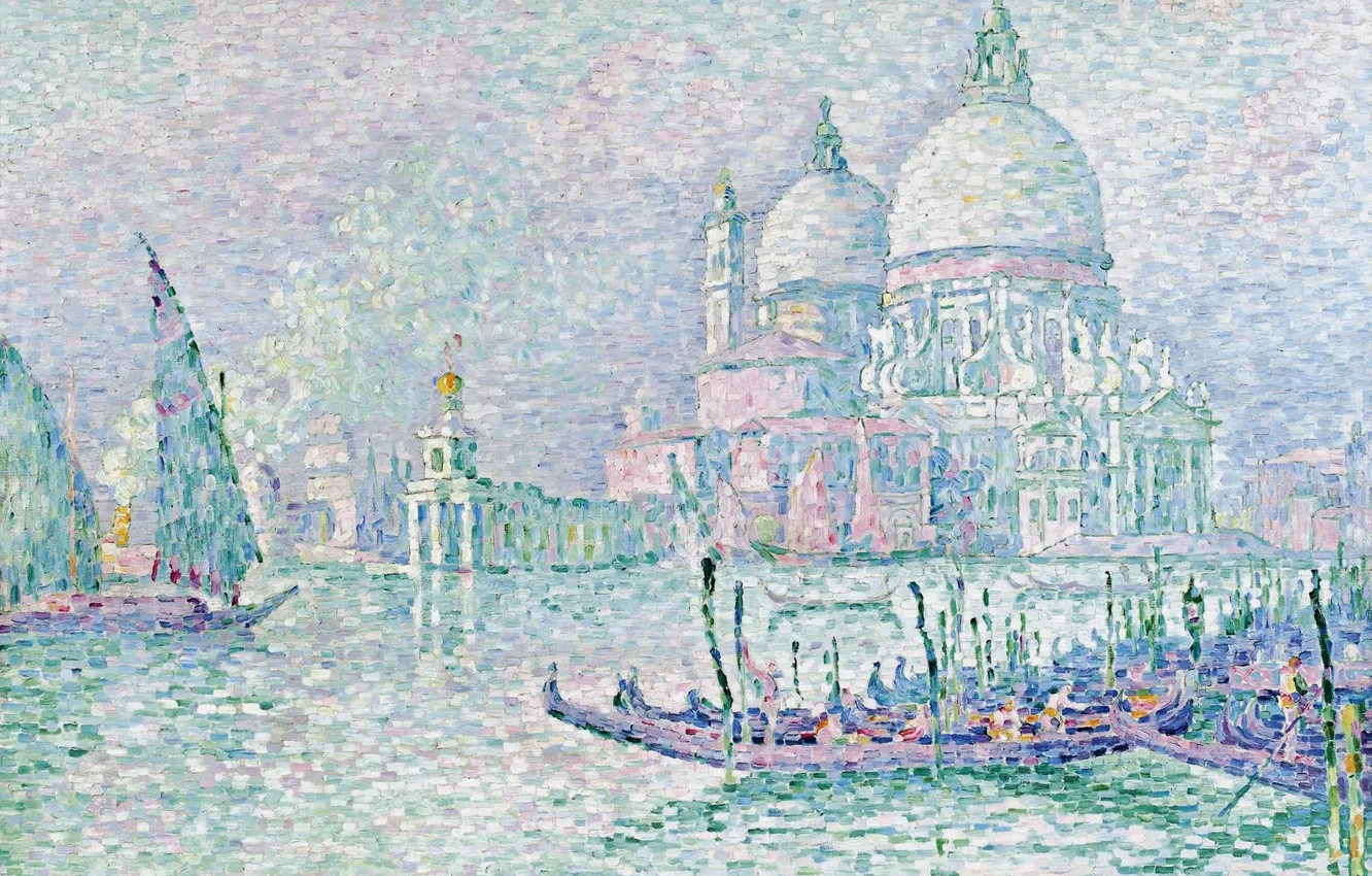 Photo wallpaper boat, picture, sail, the urban landscape, Paul Signac, pointillism, Venice. Santa Maria della Salute. Green