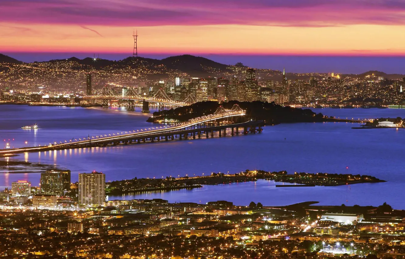 Photo wallpaper Sunset, San-Francisco, Oakland_Bay_Bridge, Illumination, Twin_Peaks