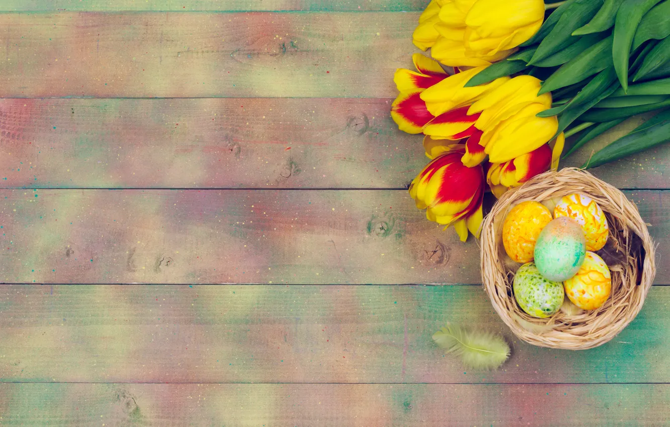 Photo wallpaper flowers, eggs, spring, colorful, Easter, tulips, yellow, wood