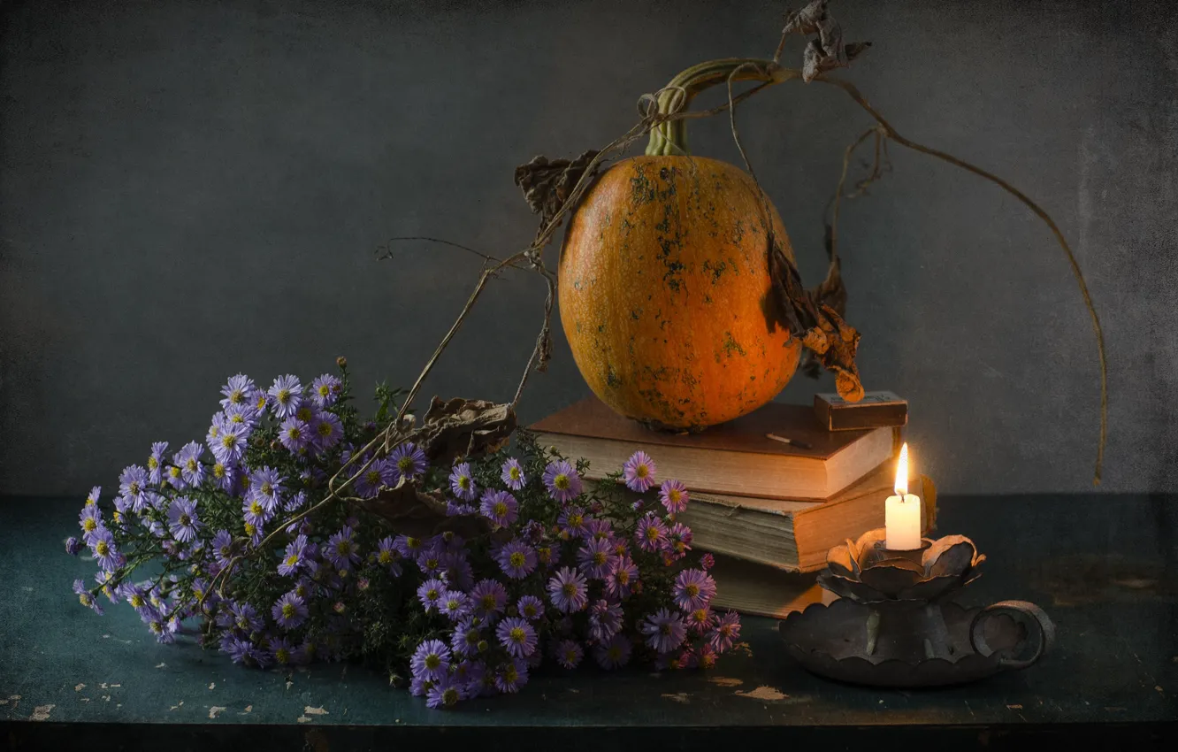 Photo wallpaper flowers, books, pumpkin, still life