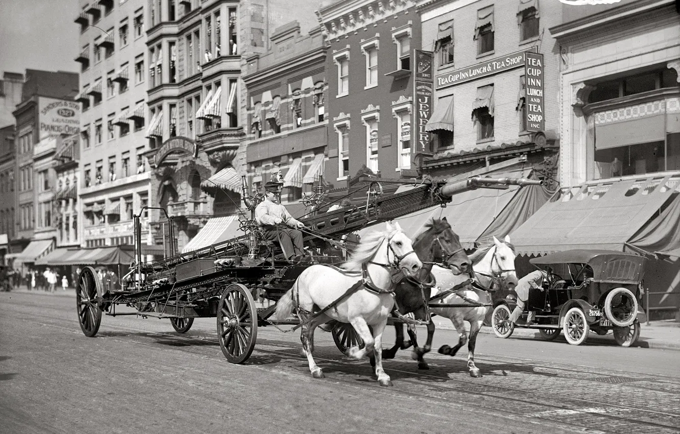 Photo wallpaper retro, street, home, horse, USA, car, three, 1914-the year