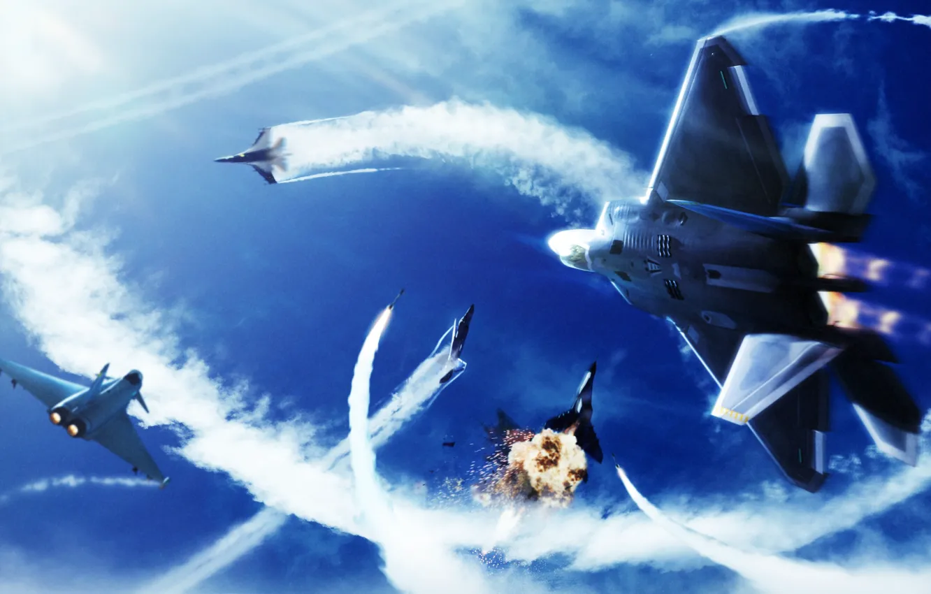Photo wallpaper the sky, the explosion, clouds, lights, fighter, battle, Namco Bandai Games, Project Aces