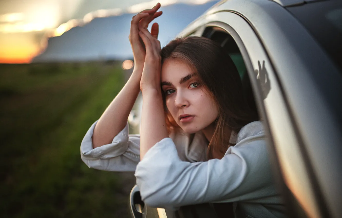 Photo wallpaper look, girl, sunset, nature, window, brown hair, car, Alexey Yuriev