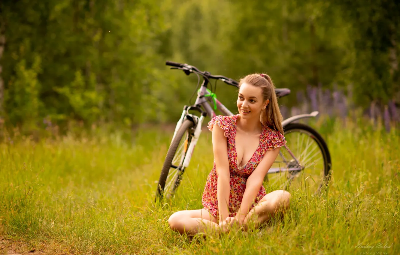 Photo wallpaper grass, bicycle, trees, field, nature, model, women, brunette
