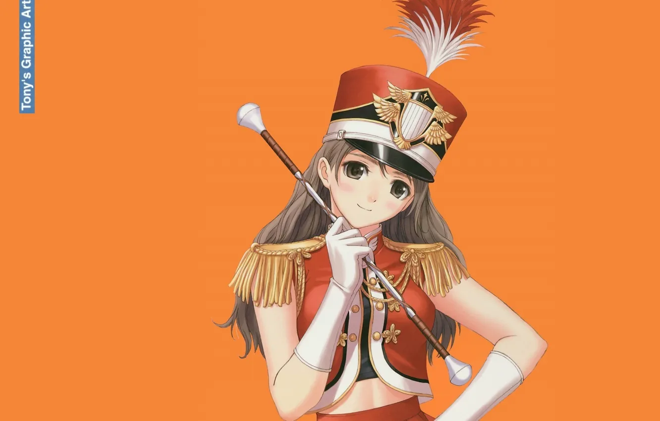 Photo wallpaper girl, orange background, rod, uniform, badge, kiver, gloves elbow, epaulettes