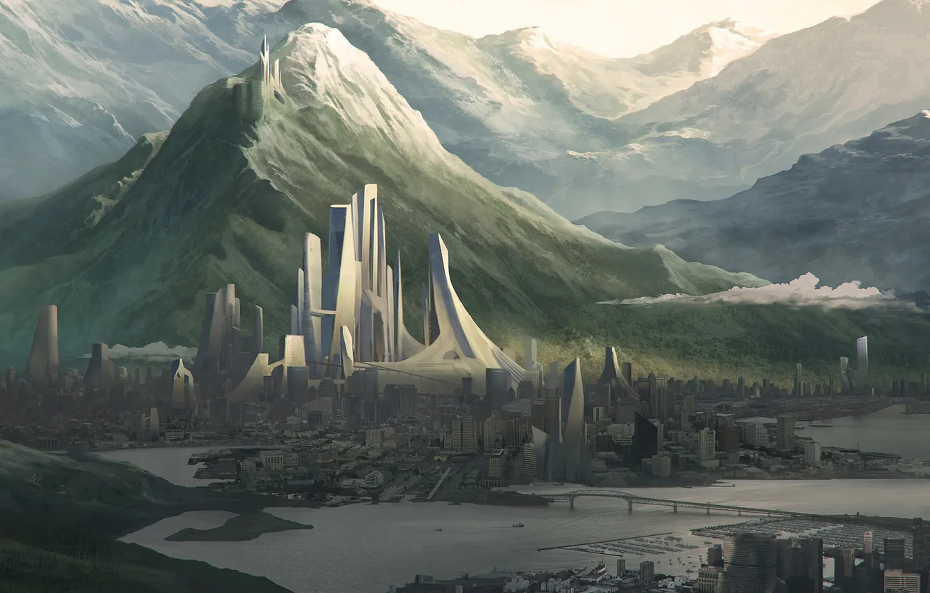 Photo wallpaper water, landscape, mountains, bridge, the city, lake, river, fiction