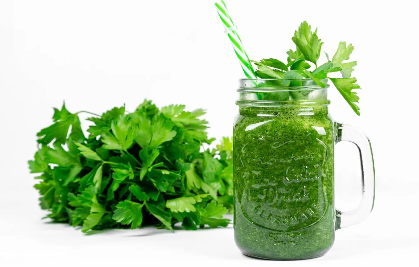 Photo wallpaper Bank, white background, drink, vegetables, parsley, smoothies