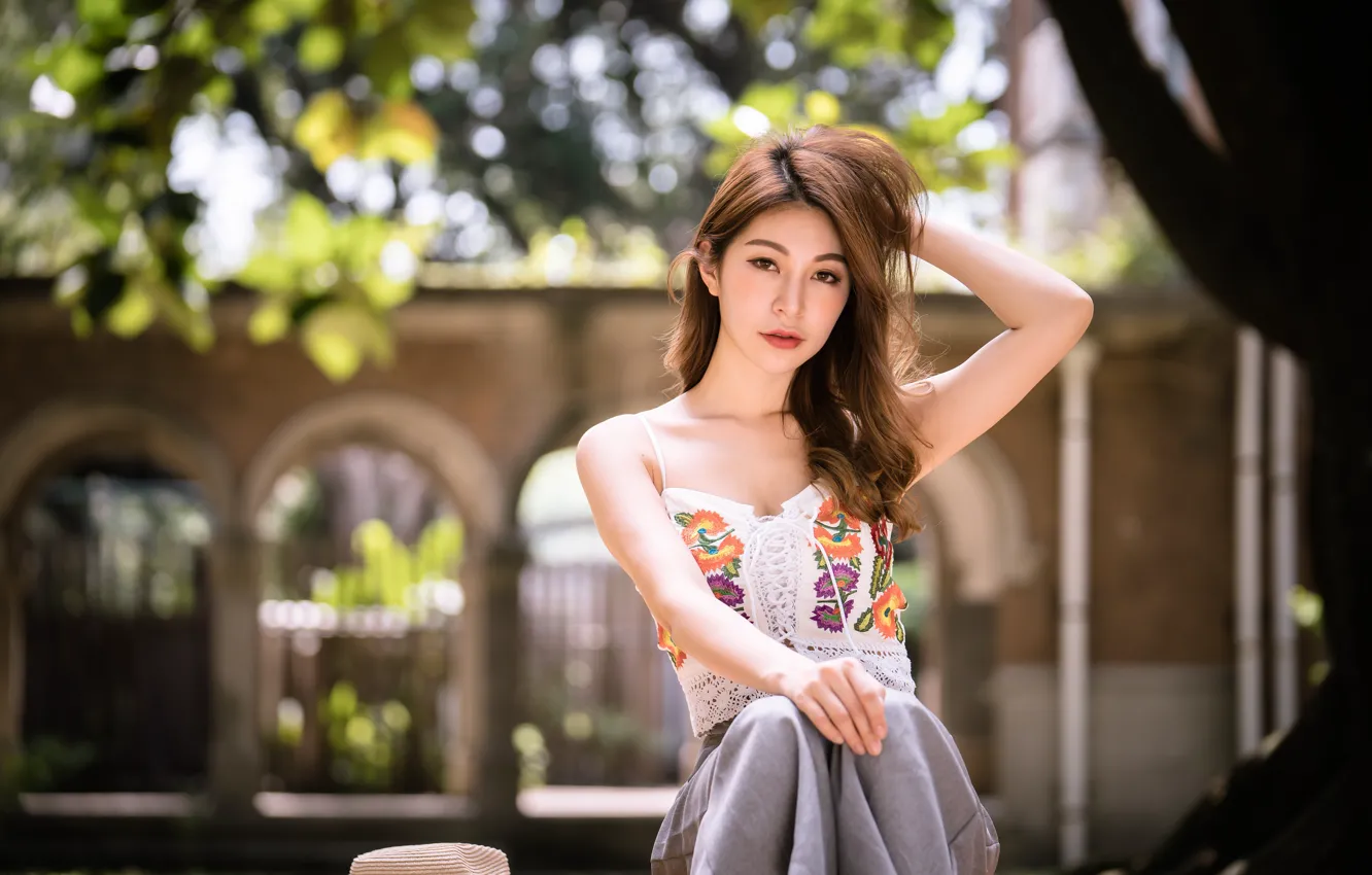 Photo wallpaper girl, Asian, sitting