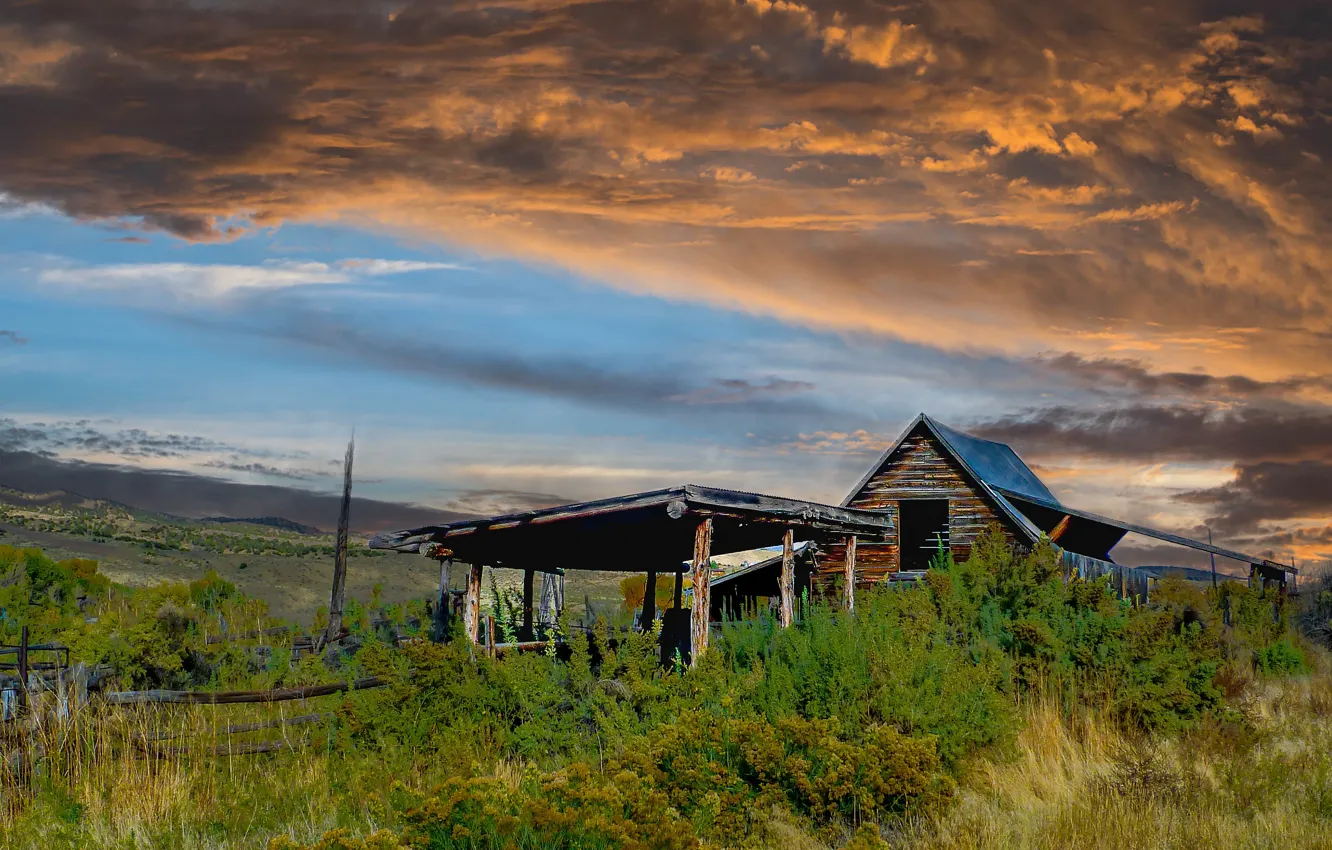 Photo wallpaper field, the sky, clouds, hills, the fence, home, village, abandoned