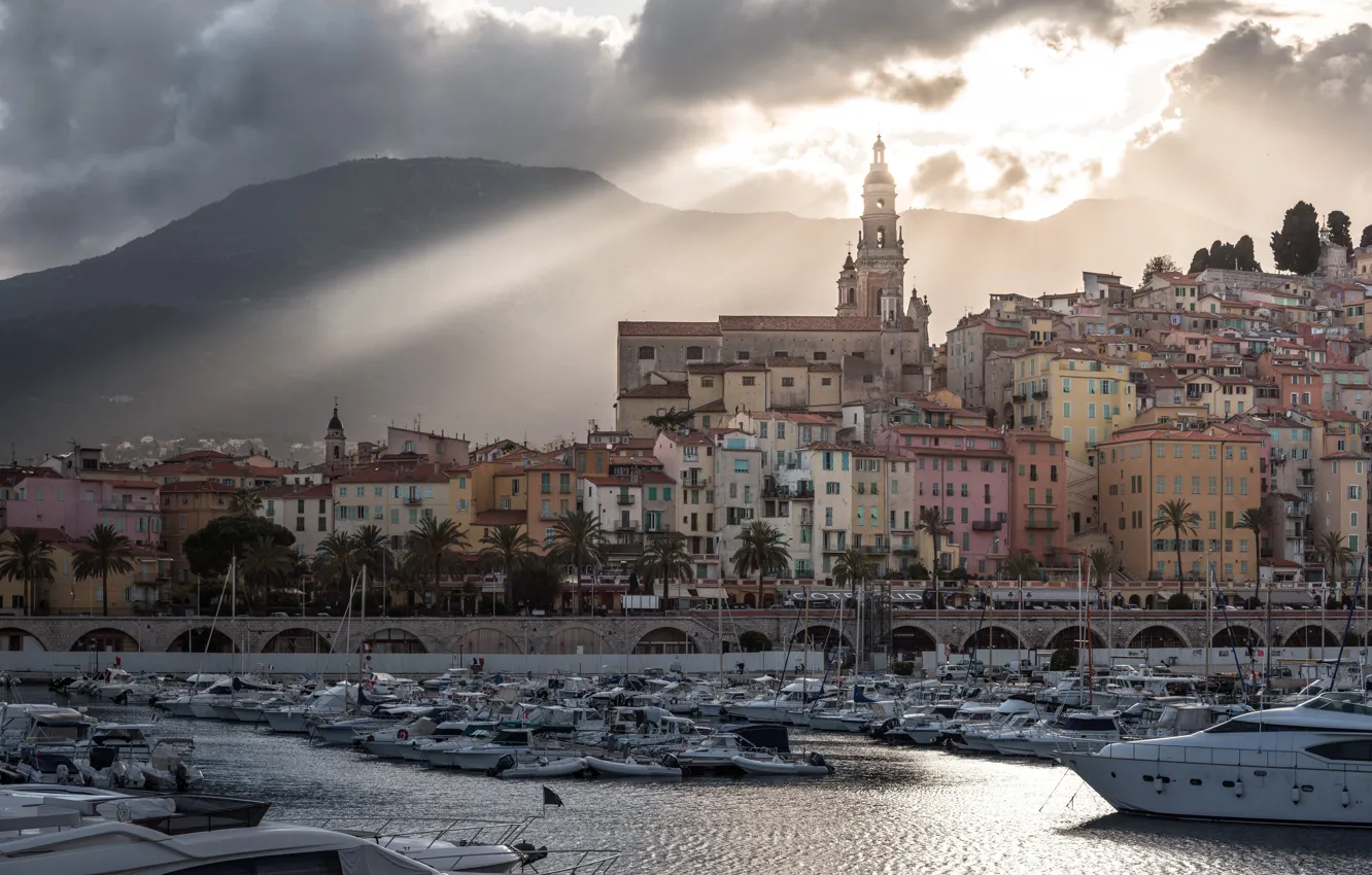 Photo wallpaper clouds, landscape, mountains, clouds, river, palm trees, boat, France