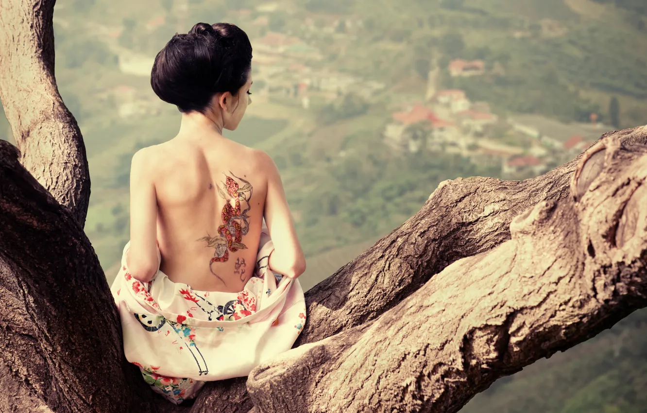 Photo wallpaper trees, back, tattoo, geisha, profile