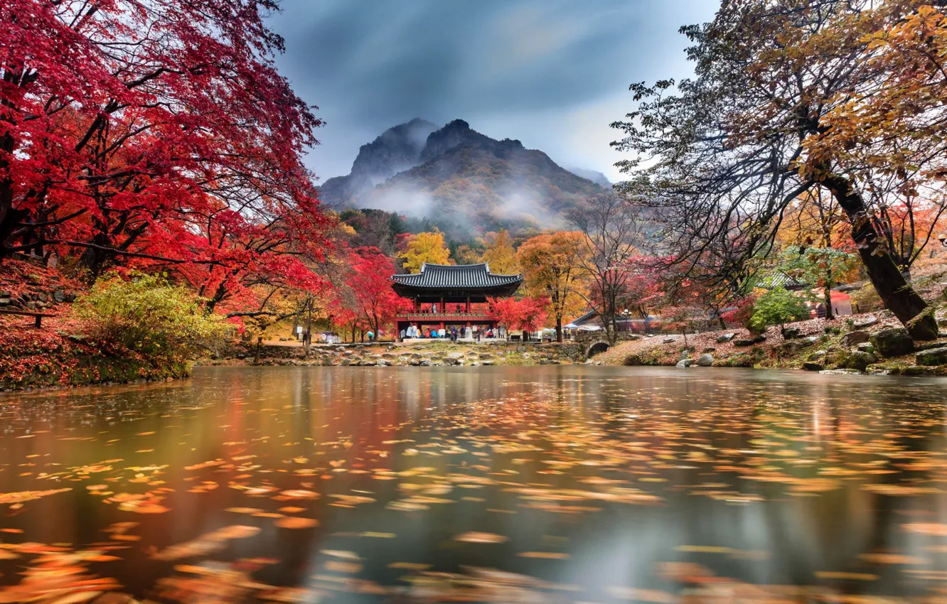 Photo wallpaper autumn, clouds, trees, mountains, fog, pond, Park, temple