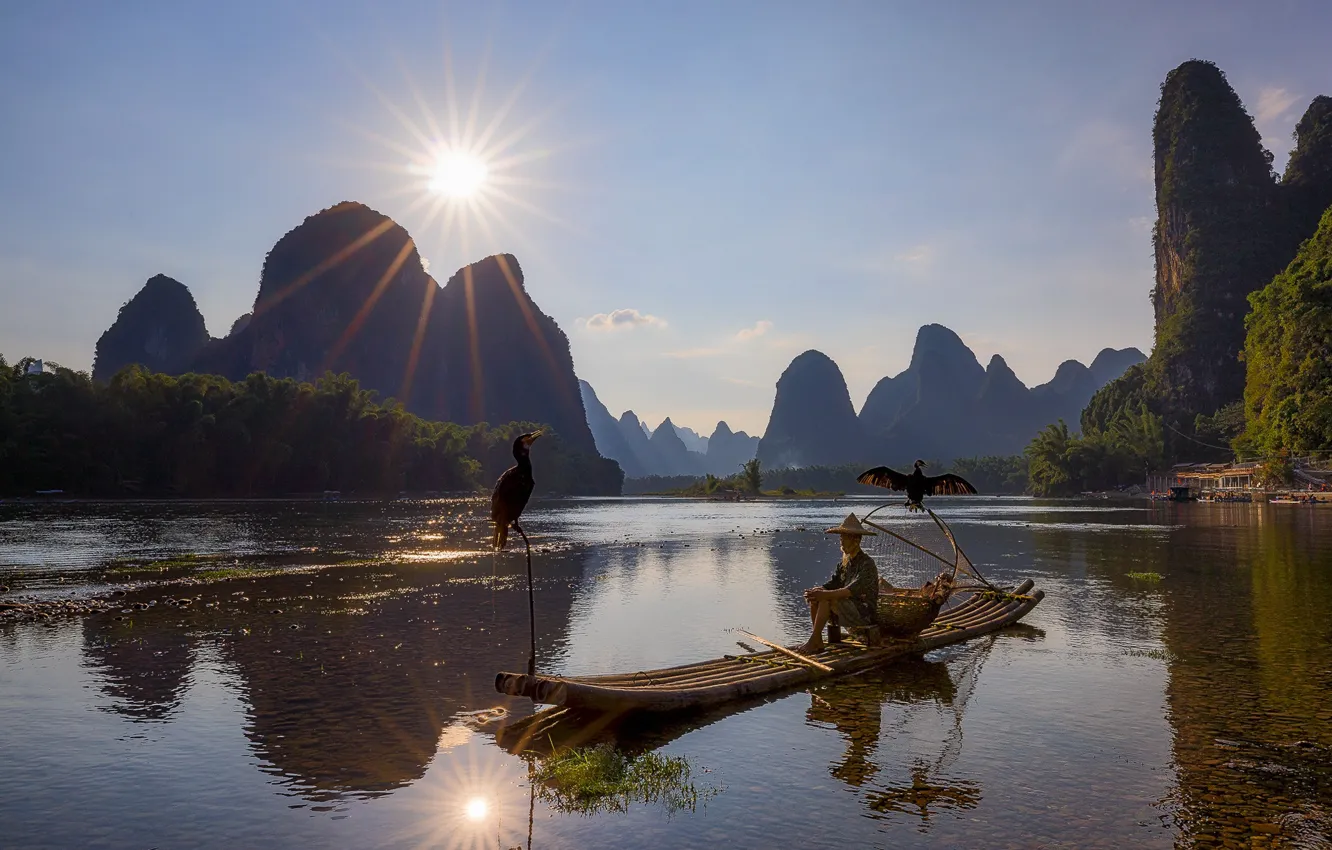 Photo wallpaper mountains, lake, bird, boat, China