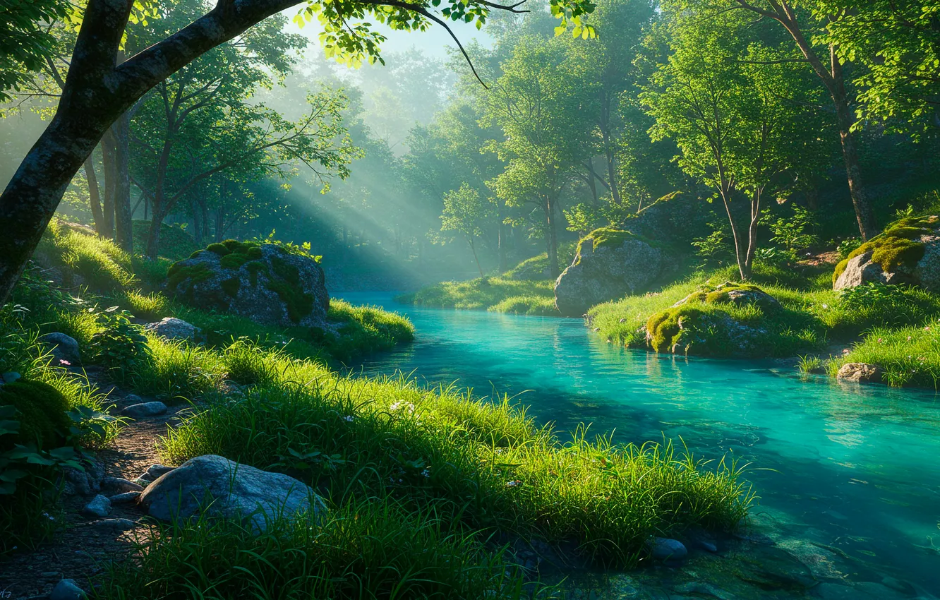 Photo wallpaper forest, grass, water, trees, river, stones, grass, forest