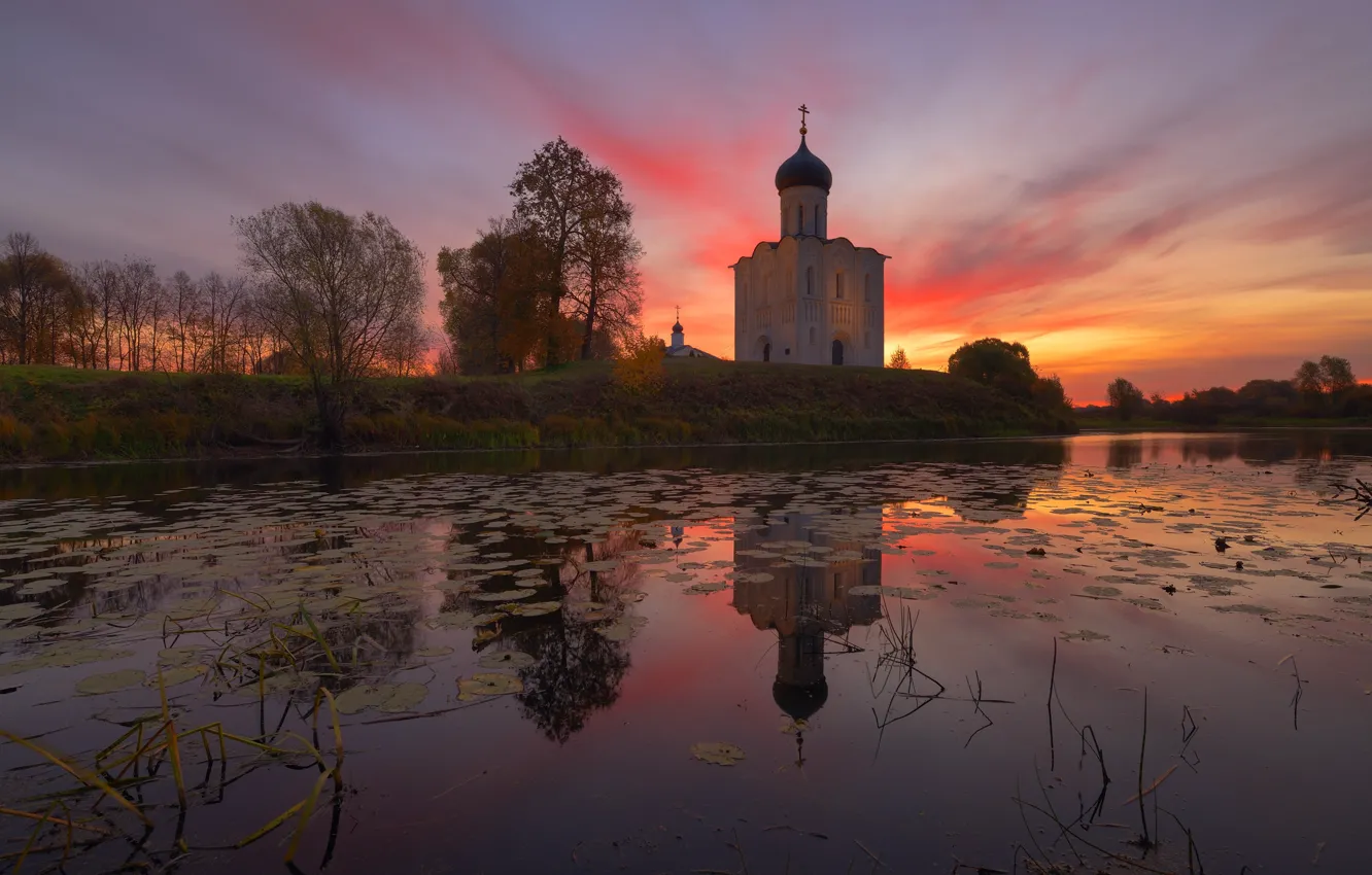 Photo wallpaper autumn, trees, landscape, sunset, nature, river, Church, temple