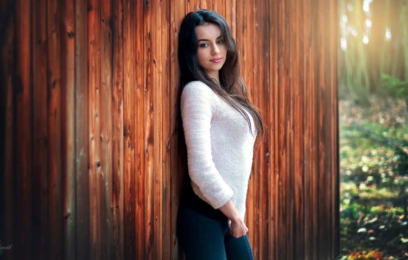 Photo wallpaper look, pose, model, portrait, jeans, makeup, figure, brunette