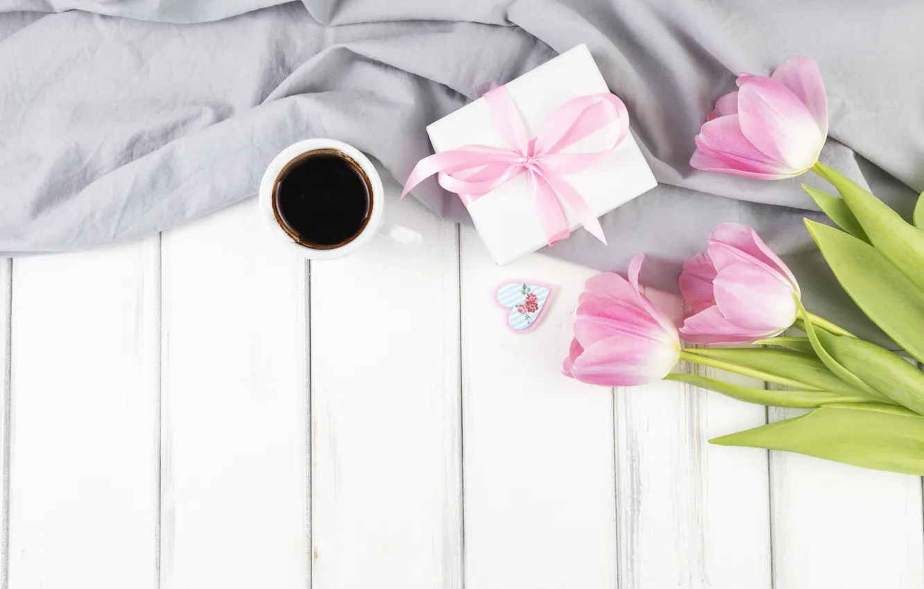 Photo wallpaper holiday, gift, coffee, bouquet, tulips, love, box, with