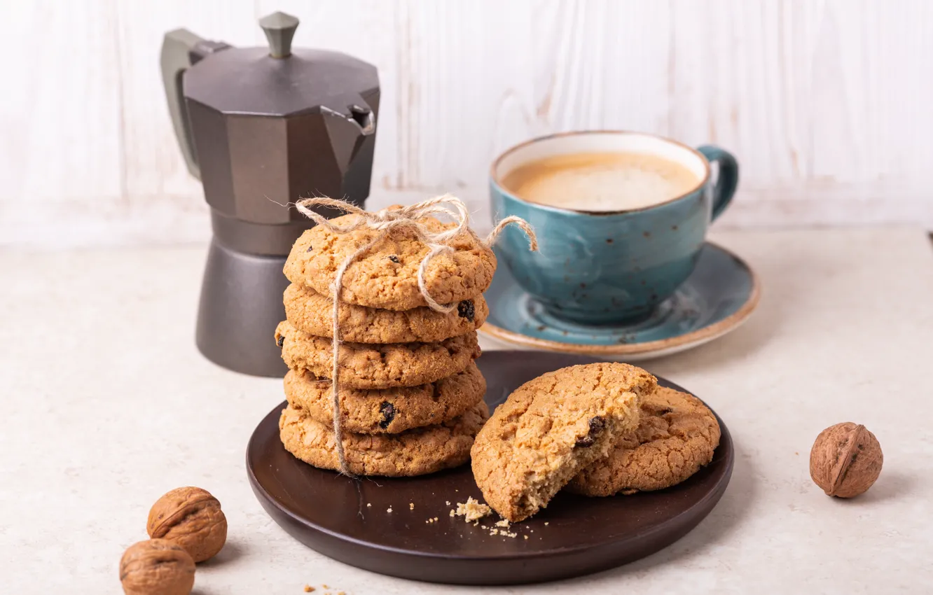 Photo wallpaper coffee, cookies, Cup, raisins, oat, ELIZAVETA ELESINA