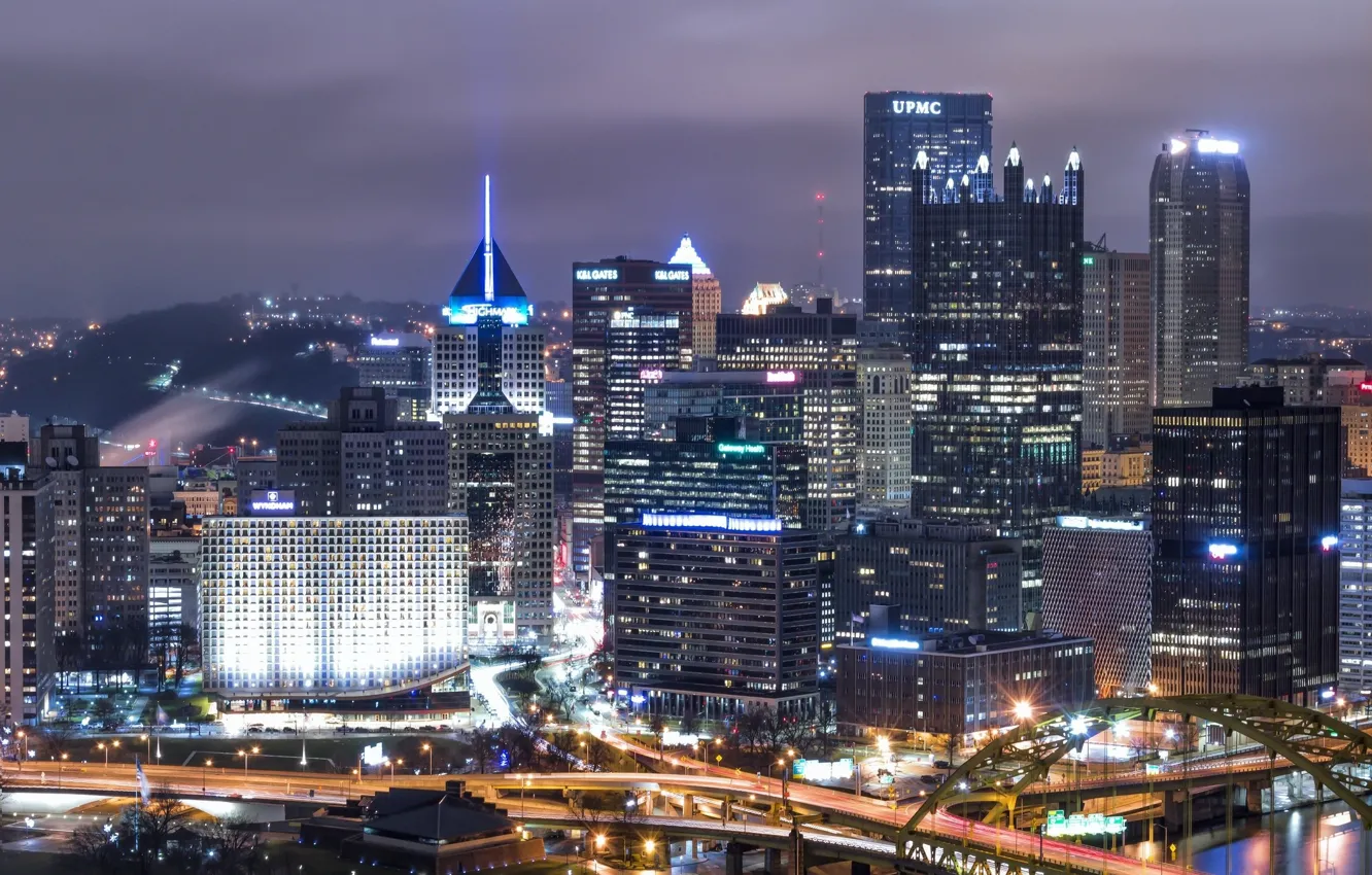 Photo wallpaper night, the city, lights, building, USA, skyscrapers, Pittsburgh