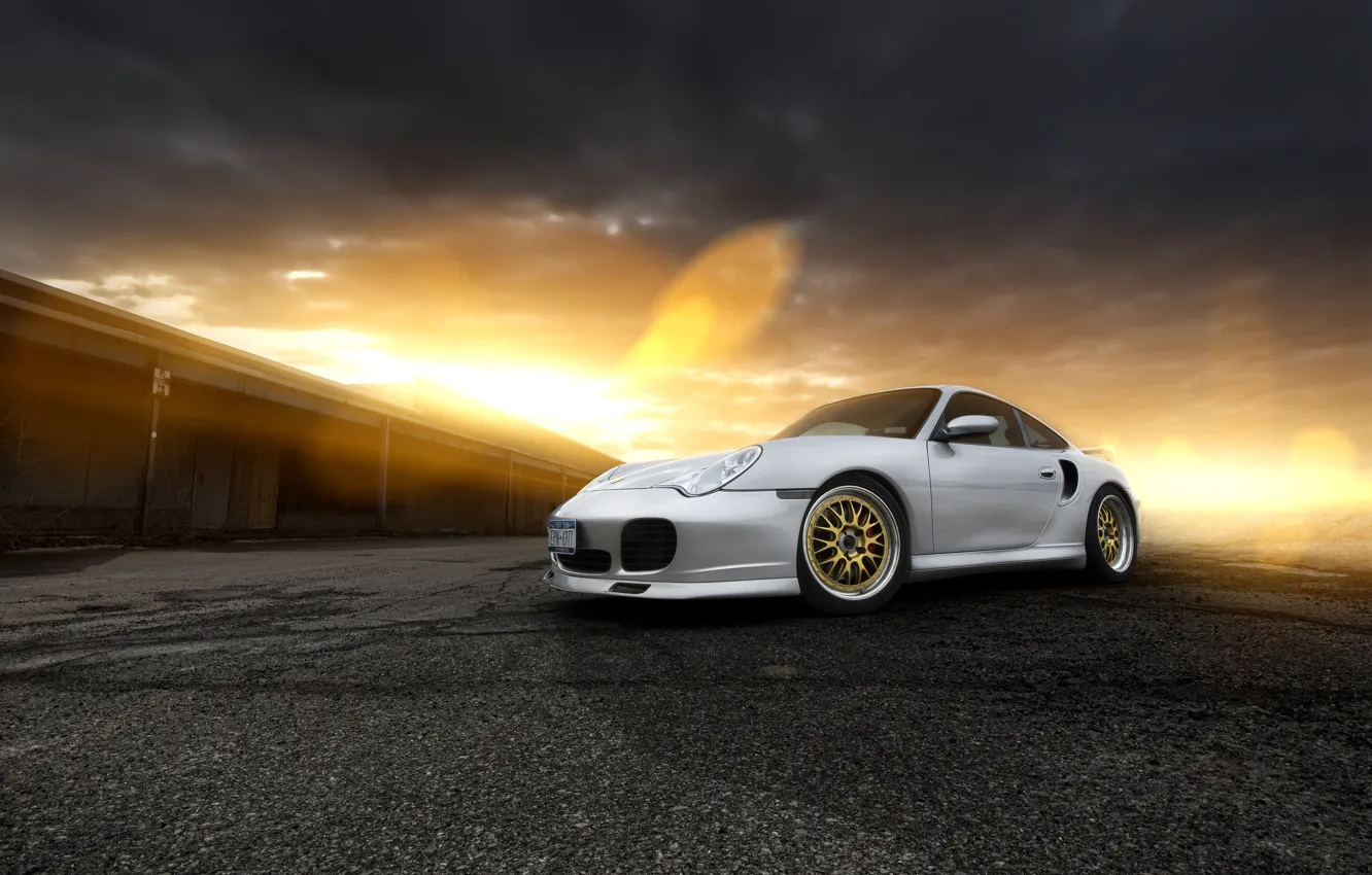 Photo wallpaper sunset, glare, 911, Porsche, silver, Porsche, front, silvery