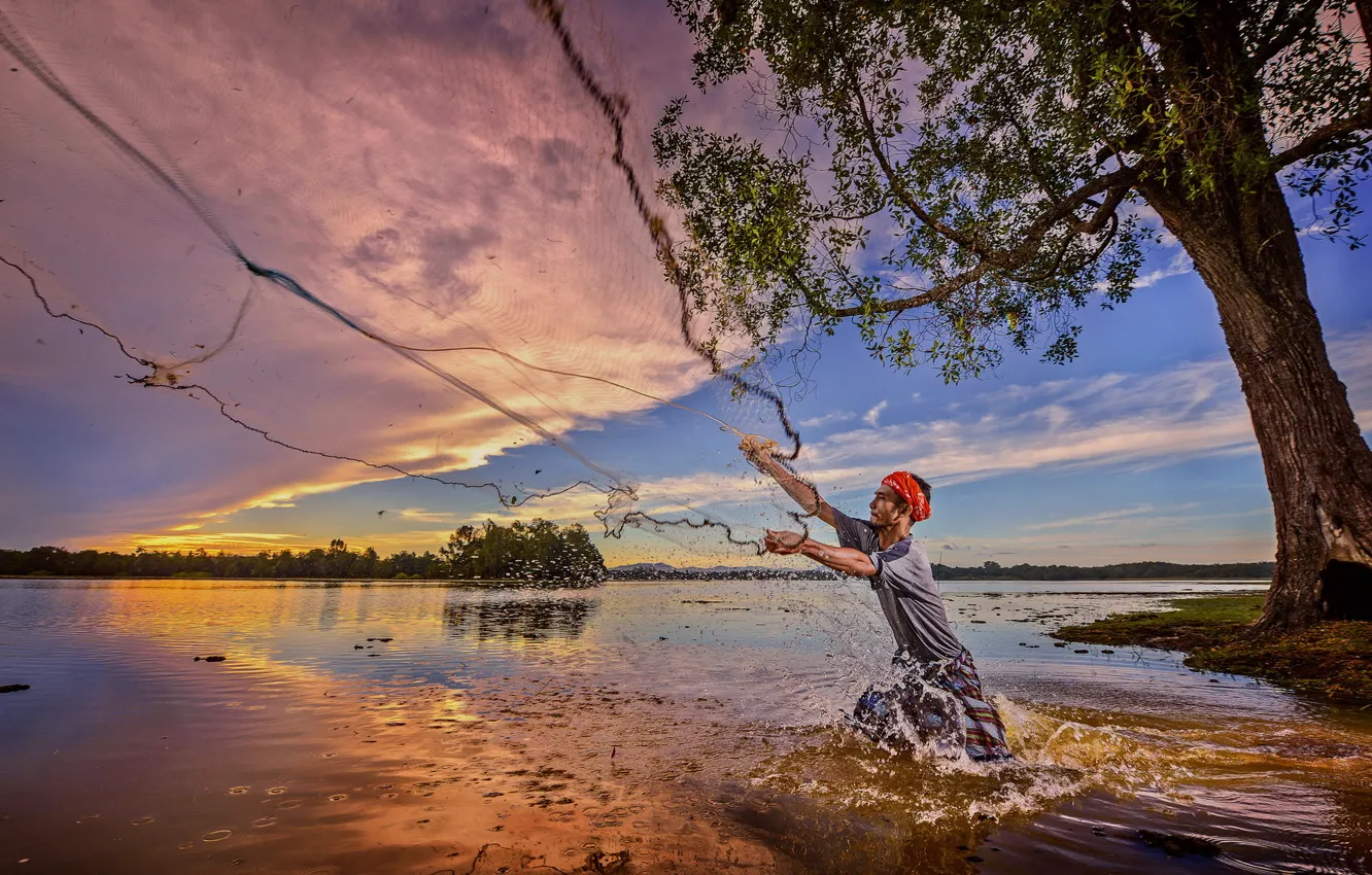 Photo wallpaper sunset, river, network, fisherman