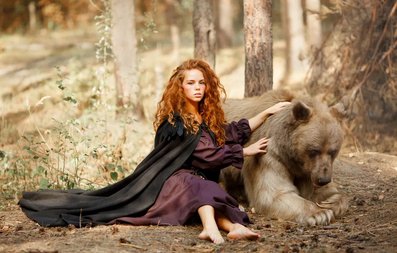 Photo wallpaper look, girl, pose, bear, red, curls, redhead, the Bruins