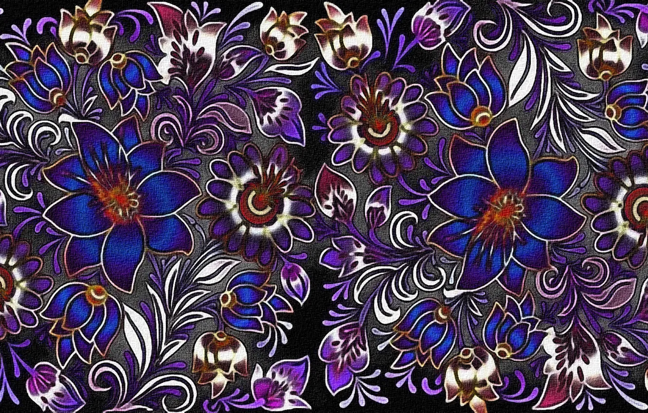 Photo wallpaper canvas, figure, texture, black background, textiles, fabric with flower pattern, floral ornament, acrylic paint
