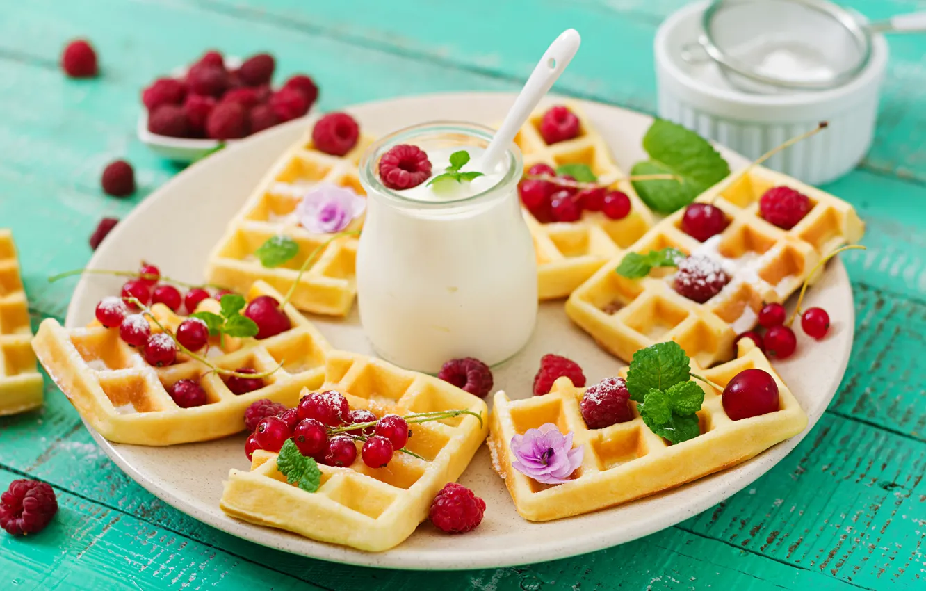 Photo wallpaper berries, waffles, yogurt