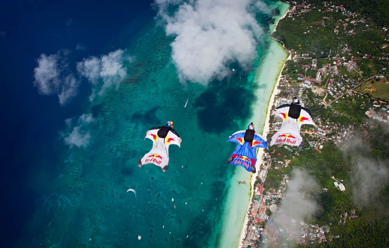 Photo wallpaper the ocean, coast, parachute, Red Bull, lifestyle, wingsuit, extreme sport