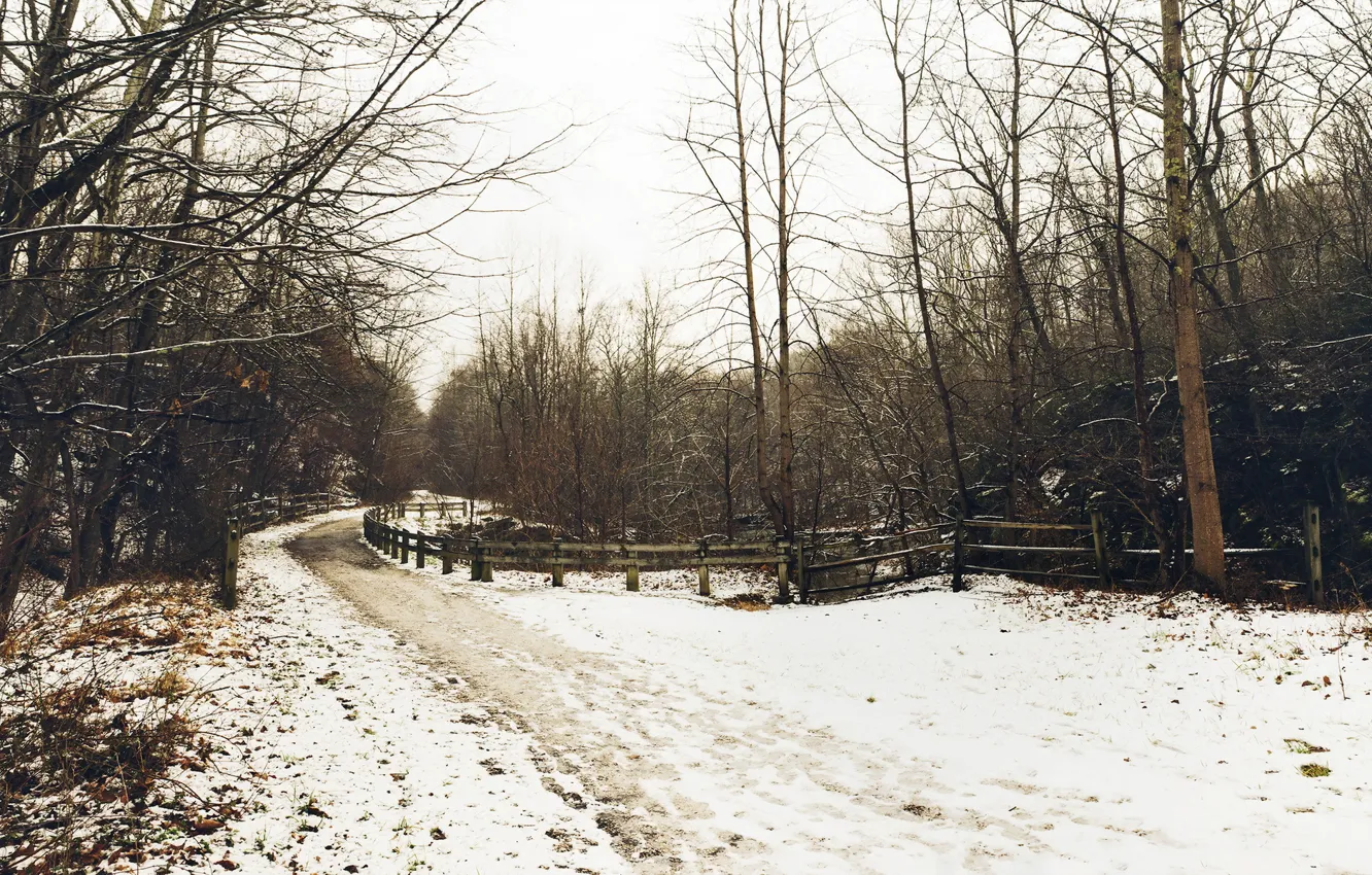 Photo wallpaper winter, road, landscape, the fence