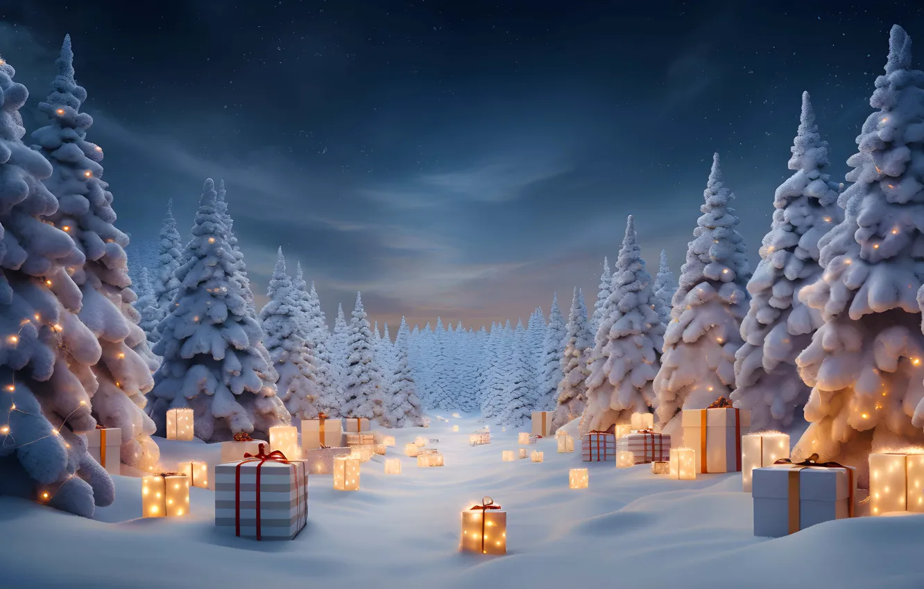 Photo wallpaper winter, forest, snow, box, gift, tree, new year, ate