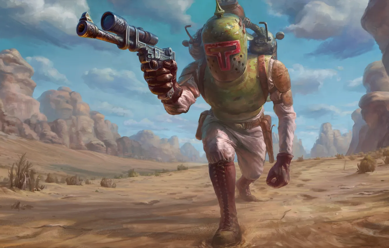 Photo wallpaper fiction, desert, Star Wars, helmet, Blaster, fan art, Boba Fett