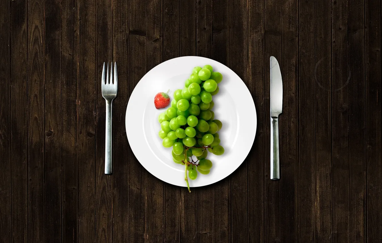 Photo wallpaper plate, grapes, fork, knife