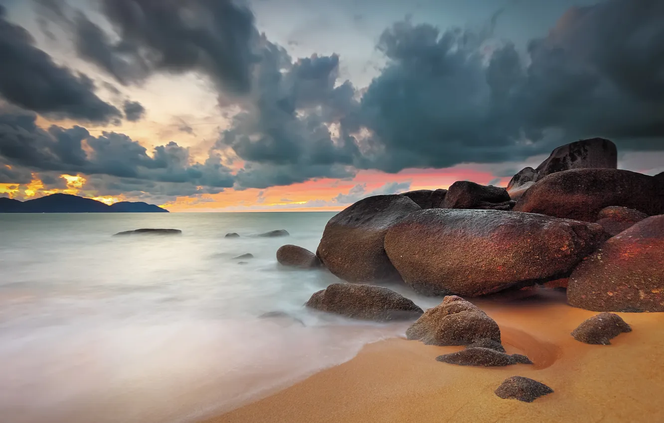 Photo wallpaper sea, the sky, sunset, clouds, stones, rocks