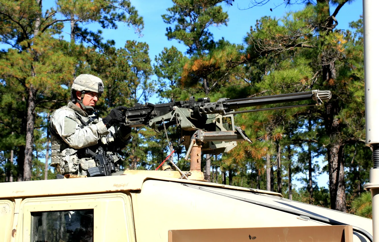 Photo wallpaper forest, trees, machine gun, armored car, soldiers. camouflage
