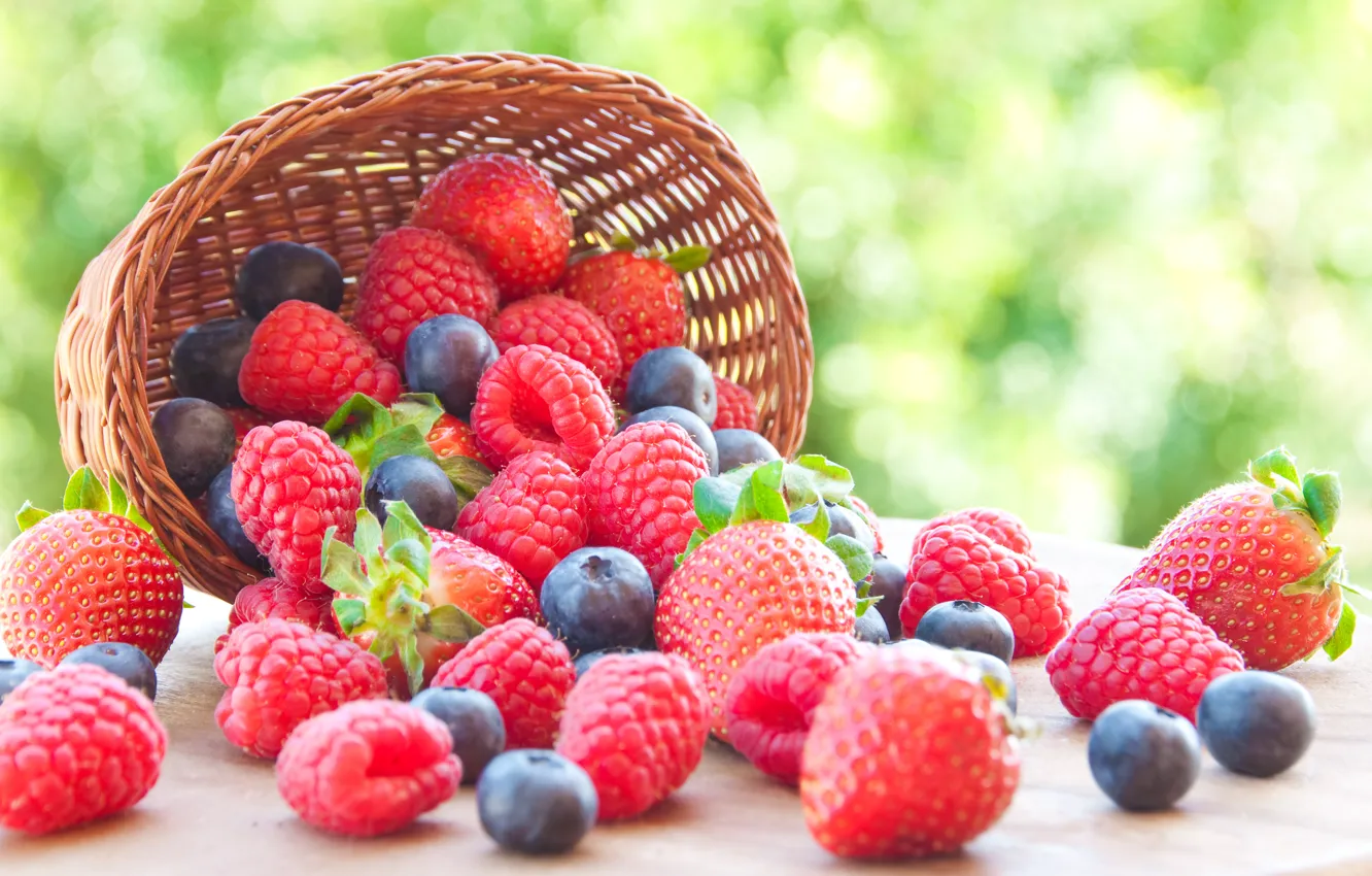 Photo wallpaper berries, raspberry, blueberries, strawberry, basket, fresh, strawberry, blueberry