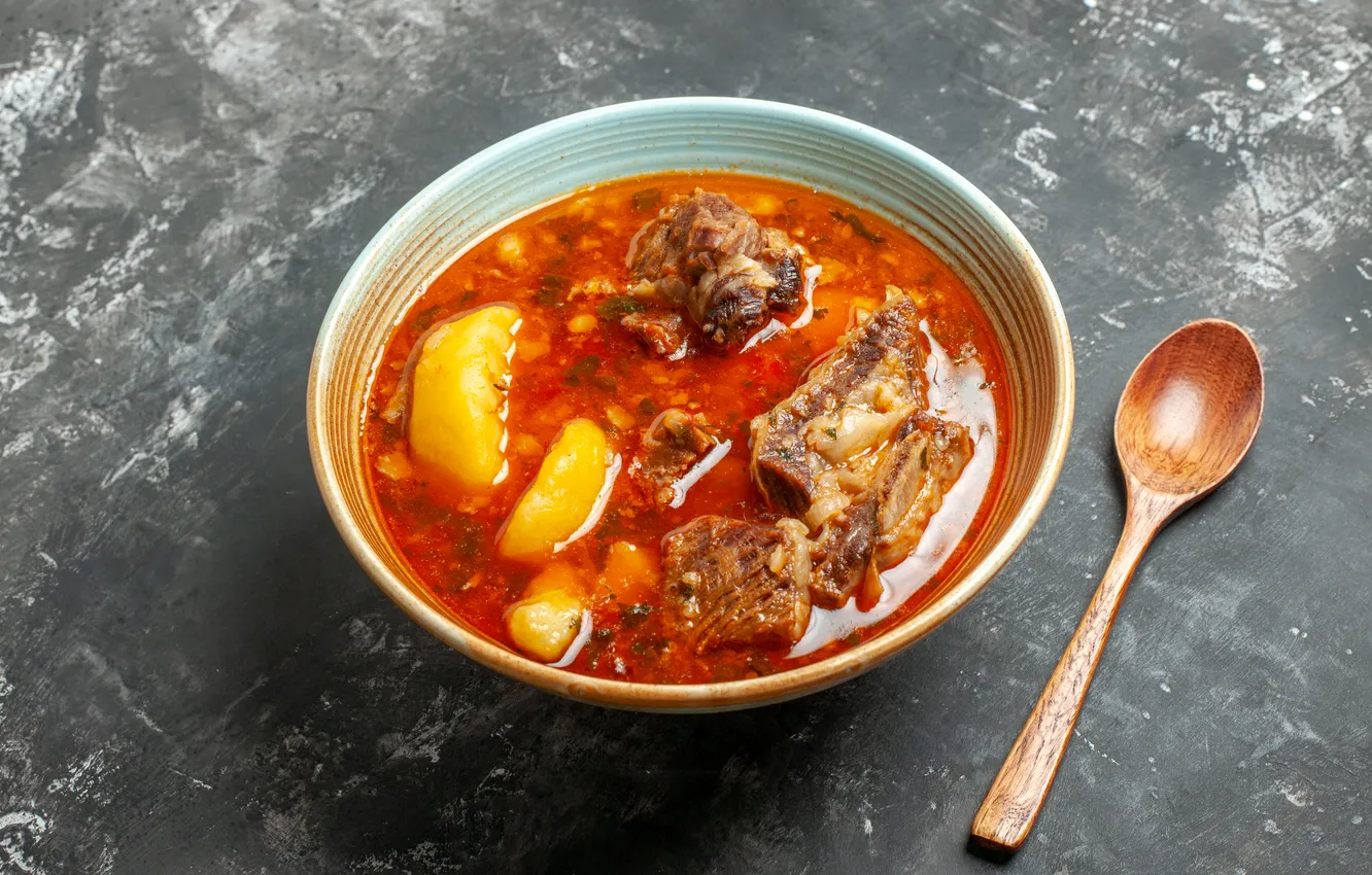 Photo wallpaper plate, inside, delicious, soup, meat, potatoes