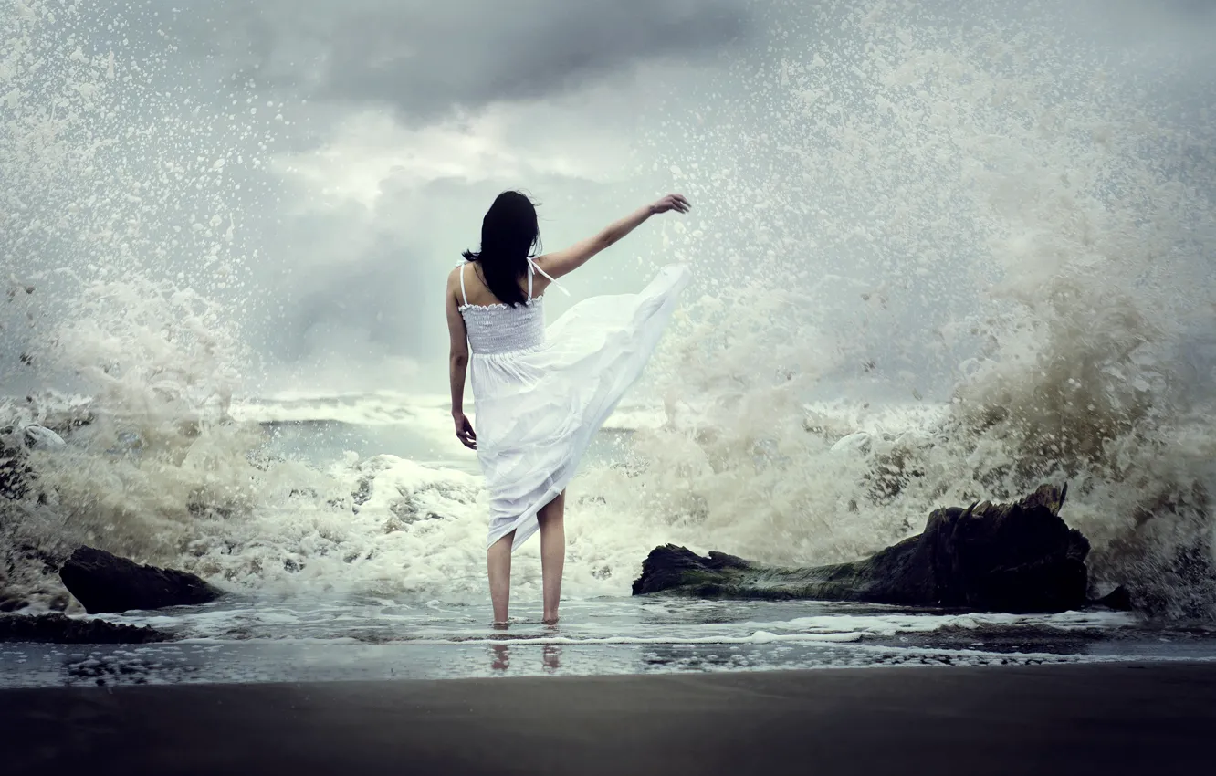 Photo wallpaper sea, wave, girl, squirt, mood, dress