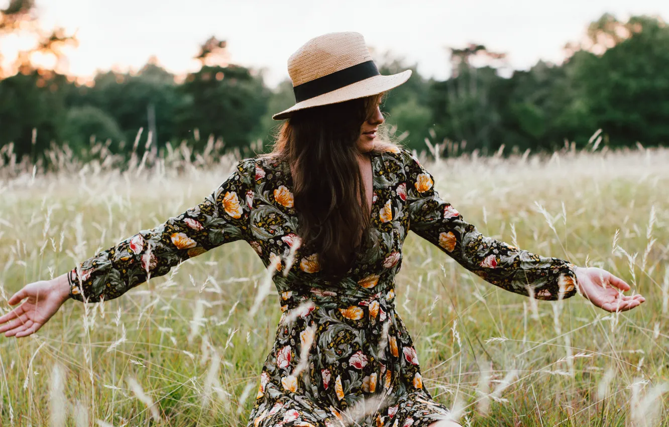 Photo wallpaper summer, girl, pose, hat, dress