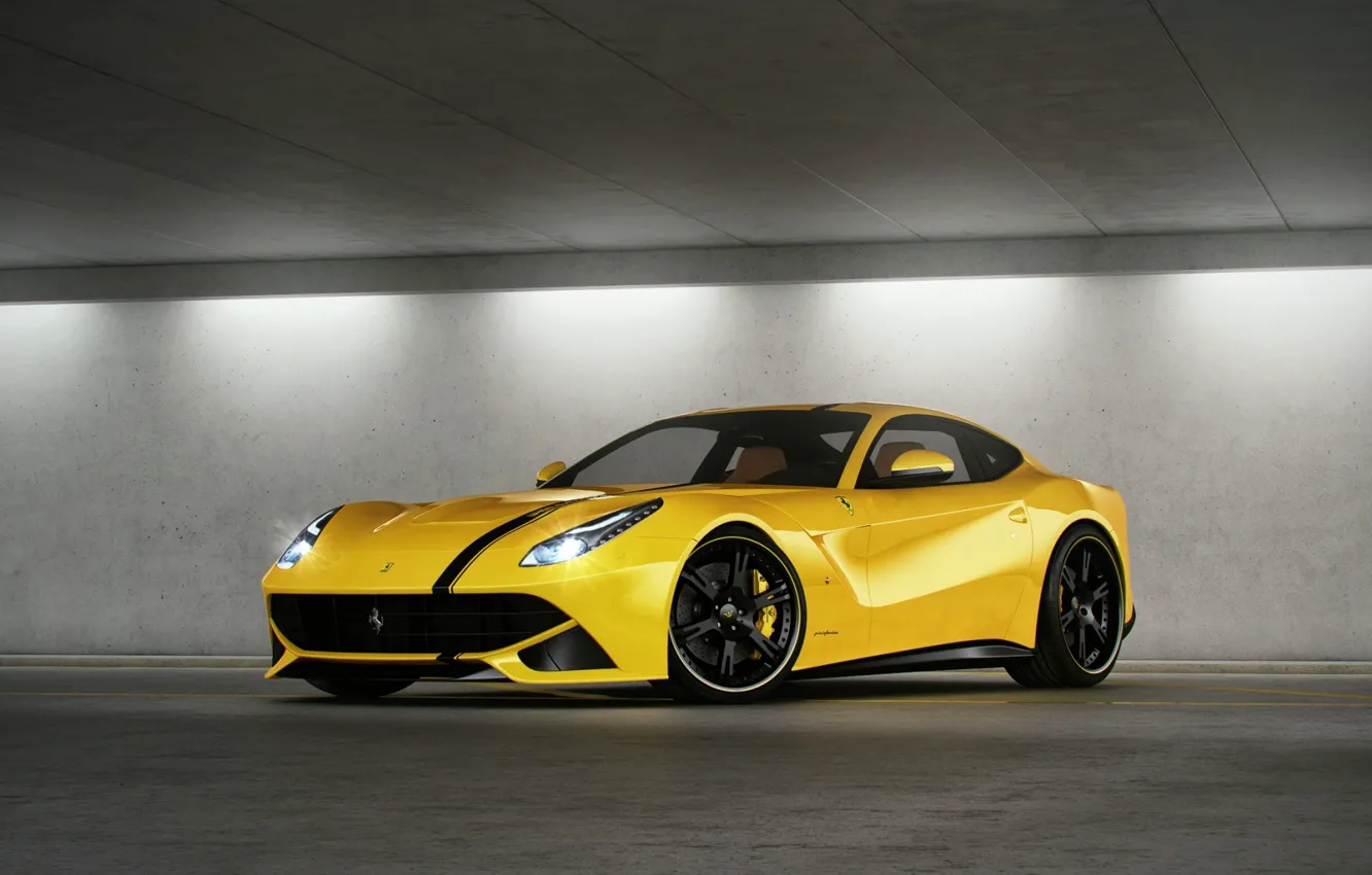 Photo wallpaper yellow, Parking, ferrari, Ferrari, yellow, headlights, F12 berlinetta, F12 Berlinetta