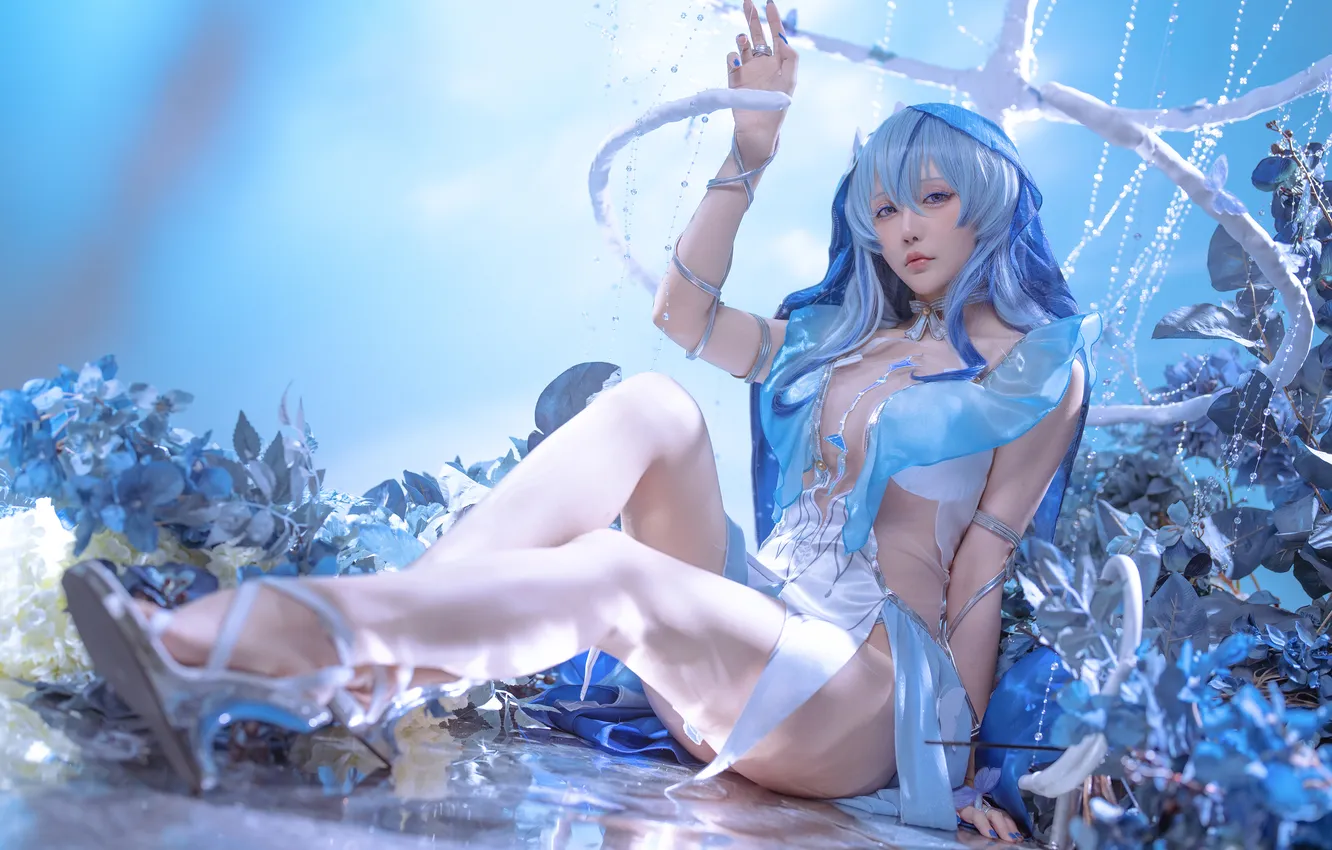 Photo wallpaper long hair, model, women, cosplay, asian, sitting, blue hair, looking at viewer