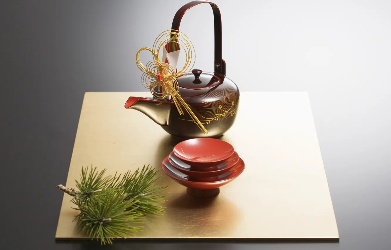 Photo wallpaper Japan, kettle, the tea party, Cup, pine, saucer, tea ceremony, bowl