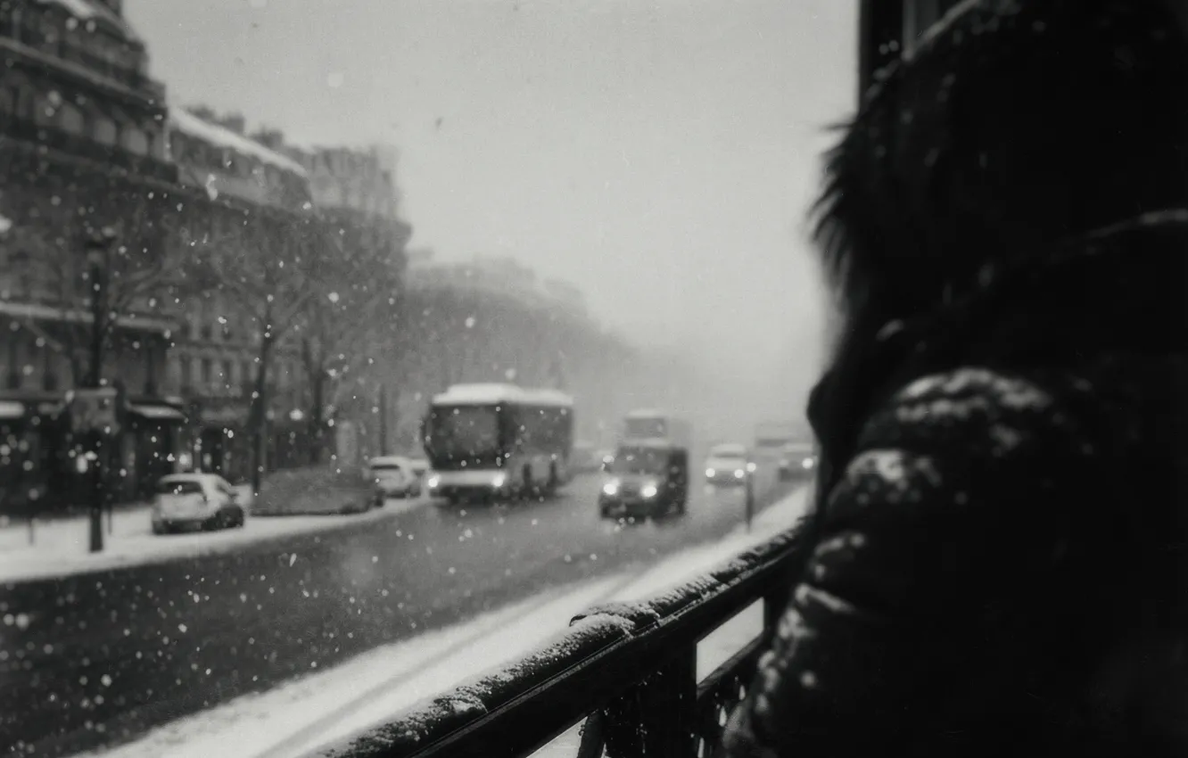 Photo wallpaper winter, road, machine, girl, snow, the city, hat, highway